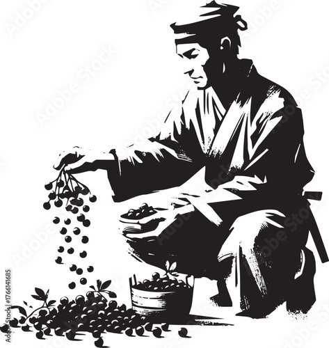 Monochrome Sumi-e Illustration: Man Harvesting Cranberries in Japan