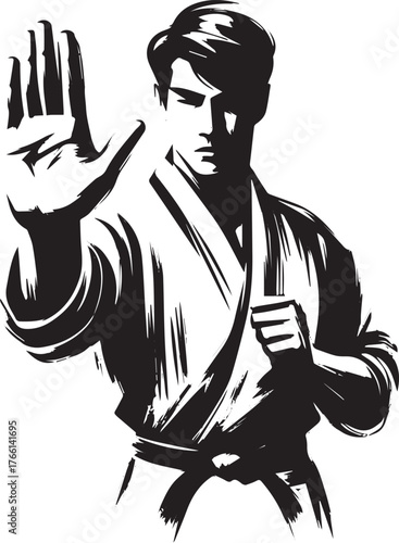 Dynamic sumi-e illustration of a martial artist in a powerful pose