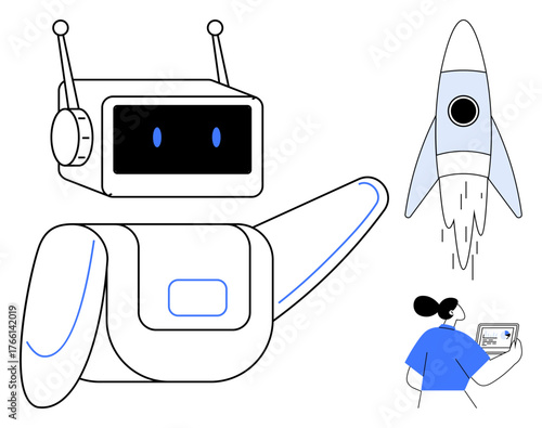 Robot waving, rocket ascending, and woman examining digital data on a tablet. Ideal for technology, AI, innovation, research, education startups and progress concepts. Simple flat metaphor