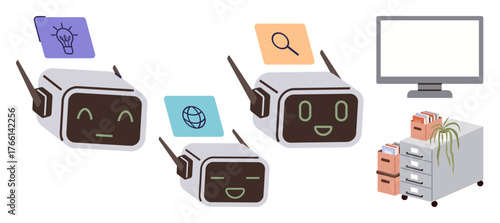 Three friendly AI robots exchanging ideas, browsing the internet, and analyzing data. Desktop monitor, file cabinet included. Ideal for technology, AI, creativity, teamwork data analysis research