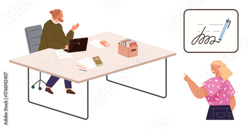 Person at desk with laptop, file box, and documents gestures toward visual of a signed document. A colleague listens attentively. Ideal for collaboration, teamwork, office tasks, communication
