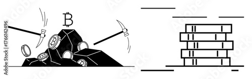 Pickaxes striking rocks revealing Bitcoin coins, blockchain stacks symbolizing technology, digital currency, mining. Ideal for cryptocurrency concepts, blockchain systems, fintech, investments