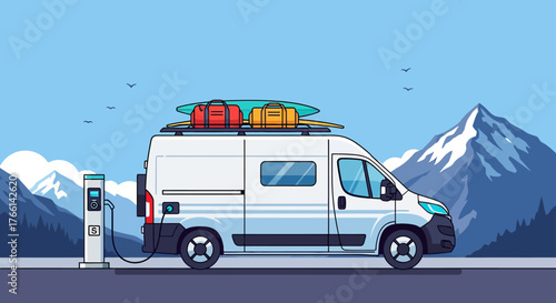 electric campervan charging in a mountain landscape an electric vehicle at a charging station in the mountains for sustainable travel.