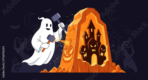 Ghost carving a halloween haunted house tombstone creating a spooky scene with bats and crescent moons perfect for halloween illustrations.