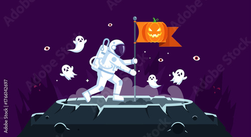 halloween in space an astronaut plants a jack-o-lantern flag on a spooky moon surrounded by ghosts and eerie eyes perfect for sci-fi horror themes