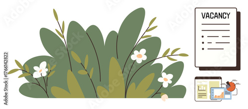 Green foliage with white flowers beside vacancy documents, resumes, and digital devices. Ideal for recruitment, employment, job search, opportunities, career planning, nature simple flat metaphor