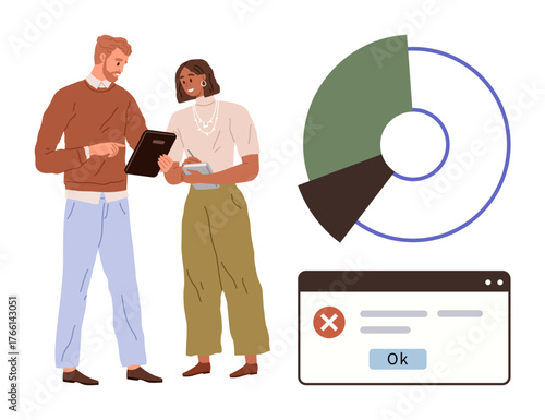 Two colleagues discussing data on digital tablets near a pie chart and error notification dialog box. Ideal for teamwork, analytics, problem-solving, communication, data management, decision-making
