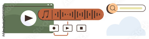 Media player with audio wave, play buttons, search bar, cloud element. Ideal for music, streaming, technology, user interface UX design audio editing entertainment. Simple flat metaphor