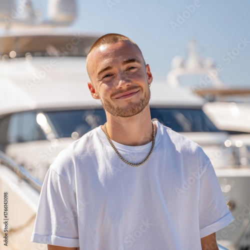 Young man with short haircut smiling confidently on deck of luxury yacht