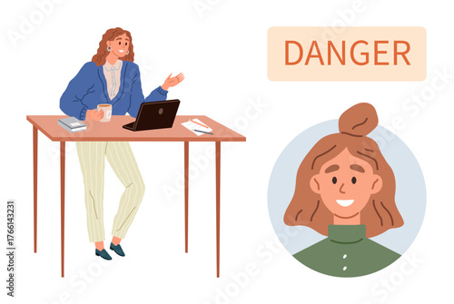 Woman leaning on desk with laptop, coffee, and papers, alongside Danger label and smiling portrait. Ideal for workplace safety, awareness, caution, judgment, planning decision-making simple flat
