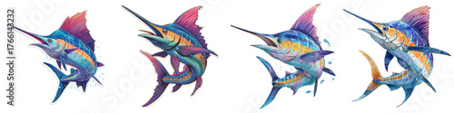 Vibrant marlin fish set, artistic ocean life illustrations, perfect for nautical themes and marine biology projects, add a splash of color to your designs today!