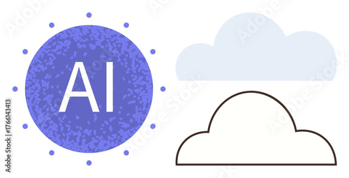 AI emblem surrounded by dots paired with cloud outlines visually showcasing innovation and technology. Ideal for tech, AI systems, cloud storage, data analysis, networking, computing, simple flat