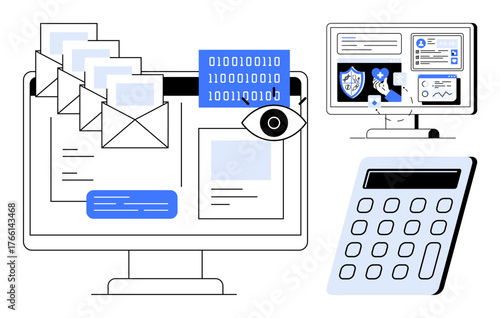 Emails, coding, an eye for analysis, cybersecurity icons on screens, and a calculator highlight communication, coding, security, finance, data analysis technology and productivity in a simple flat