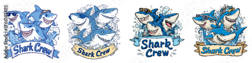 Dive into Adventure with the Shark Crew Illustrations, Perfect for Children's Books and Apparel Designs Featuring Playful Cartoon Sharks and Ocean Vibes, Ready to Make a Splash!