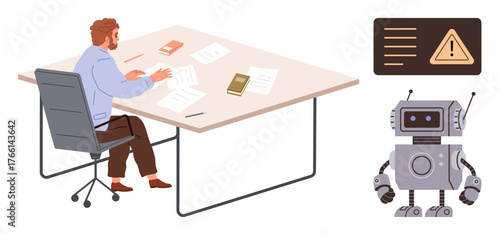 Person seated at desk reviewing papers, robot standing nearby, warning sign present. Ideal for technology, productivity, automation, AI, workplace human-robot interaction risk assessment. Simple