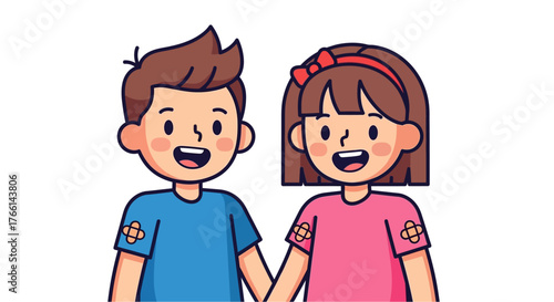 Vaccinated kids holding hands a happy boy and girl with bandages after vaccine showing healthcare and immunity perfect for awareness campaigns.