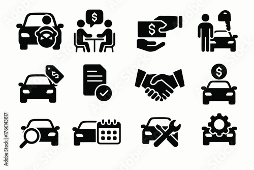 Collection of icons representing car buying selling and service transactions