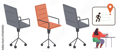 Rotating gray and orange office chairs, remote worker at desk with laptop, and progress path symbol. Ideal for themes thumbs up workplace, mobility, remote work, navigation, productivity, tasks