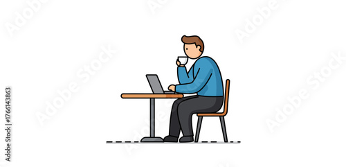 man working at laptop drinking coffee freelance worker at table in cafe focusing on work  enjoying a morning brew ideal for remote work themes