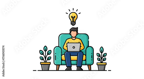 Person working from home seated comfortably in armchair with a laptop under a bright idea bulb promoting flexible work and remote job benefits.