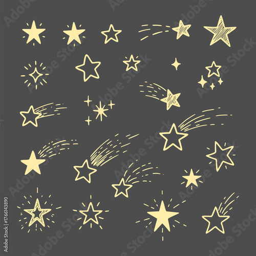Doodle Hand Drawn Sketch Stars and Sparkle Elements Set