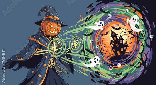pumpkin-headed wizard casting spells towards a haunted house during halloween night evoking spooky horror concepts and perfect for holiday themes.