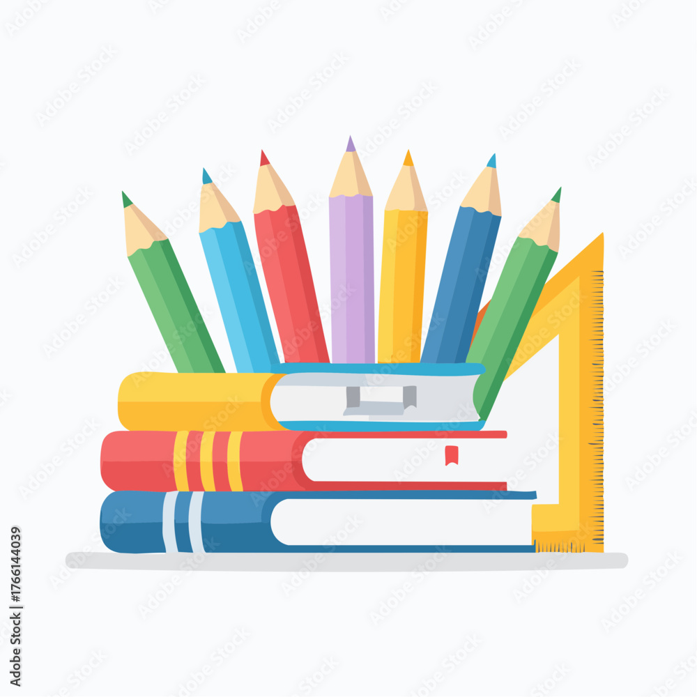 Fototapeta premium Stack of Books with Colorful Pencils and Ruler - Education Concept