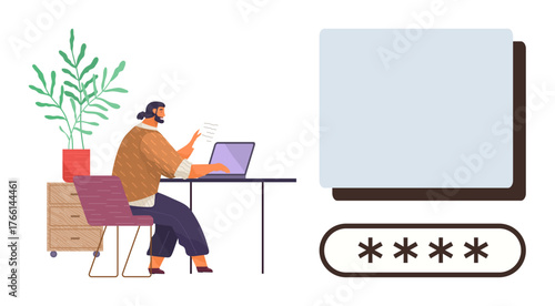 Man seated at desk using laptop, entering password next to display of password entry concept. Ideal for security, technology, data protection, privacy, authentication, user experience, modern