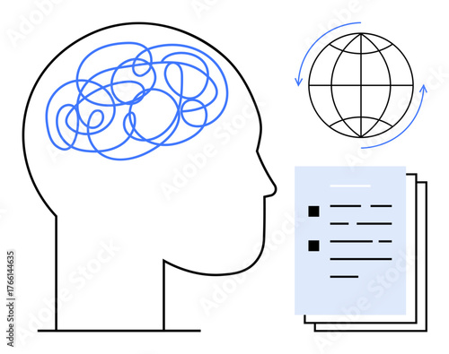 Human profile with tangled lines illustrating thought, a globe with connecting arrows symbolizing connectivity, stack of papers for documentation. Ideal for creativity, data sharing, thinking