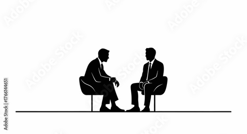Two silhouetted men in suits sit facing each other in chairs, engaged in a discussion or meeting