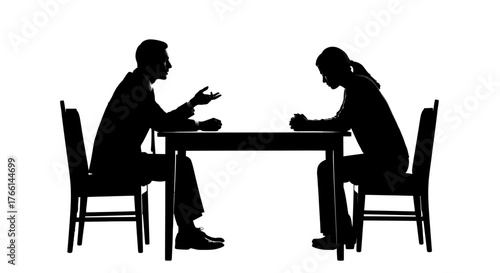 Two people in silhouette sitting at a table. Man talks and gestures, woman looks down, somber mood