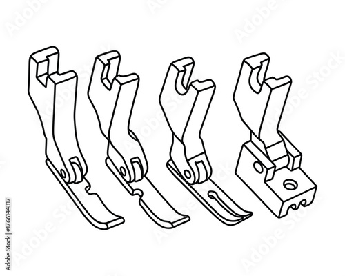 Set of Sewing Machine Presser Feet: A Detailed Isometric Illustration for Tailoring