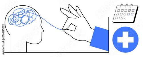 Hand pulling thread from tangled brain near calendar and medical cross symbol. Ideal for psychology, counseling, therapy, mental health awareness, problem-solving, healthcare, self-care. Minimal