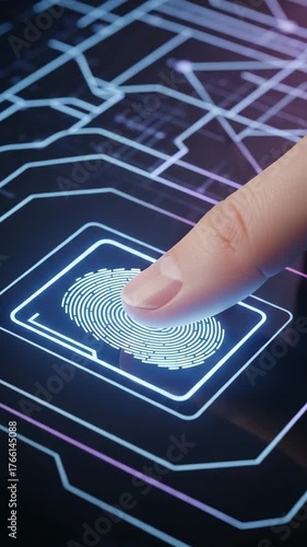 Fingerprint scanning on a digital device with glowing lines and a futuristic interface for secure access and biometric identification system