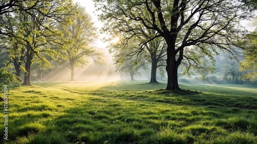 Serene Morning Light in a Lush Green Forest