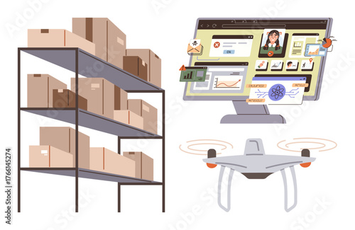 Shelves with boxes, flying quadcopter, and computer screen displaying online inventory tracking. Ideal for logistics, shipping, Quadcopter tech, warehouse automation, e-commerce, supply chain