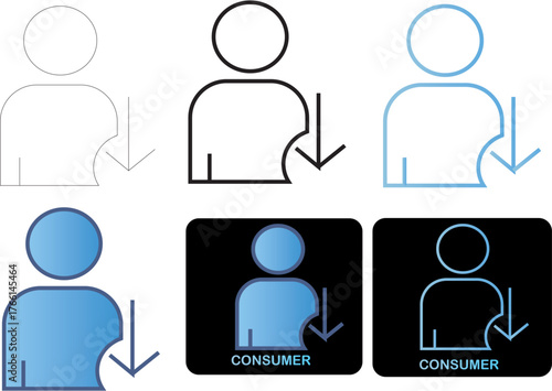 Set of minimalist flat icons representing downward trend in consumer behavior and price reduction, suitable for economic or business concepts