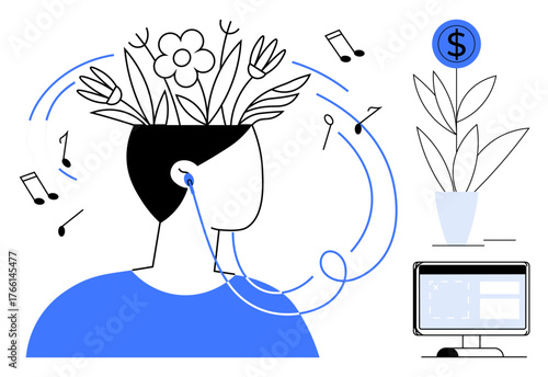 Person wearing earphones as flowers and notes emerge, symbolizing creativity, focus, and inspiration. Ideal for mindfulness, music therapy, productivity, innovation, personal growth finance simple
