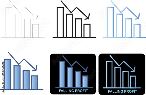 Minimalist flat vector icon set showing financial decline, falling profits, economic recession. Bar charts with downward arrows for business data visualization and analysis