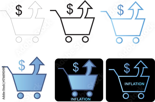 Minimalist flat icon set visualizing inflation and rising consumer prices, featuring a shopping cart with an upward dollar arrow, symbolizing increased costs and economic pressure