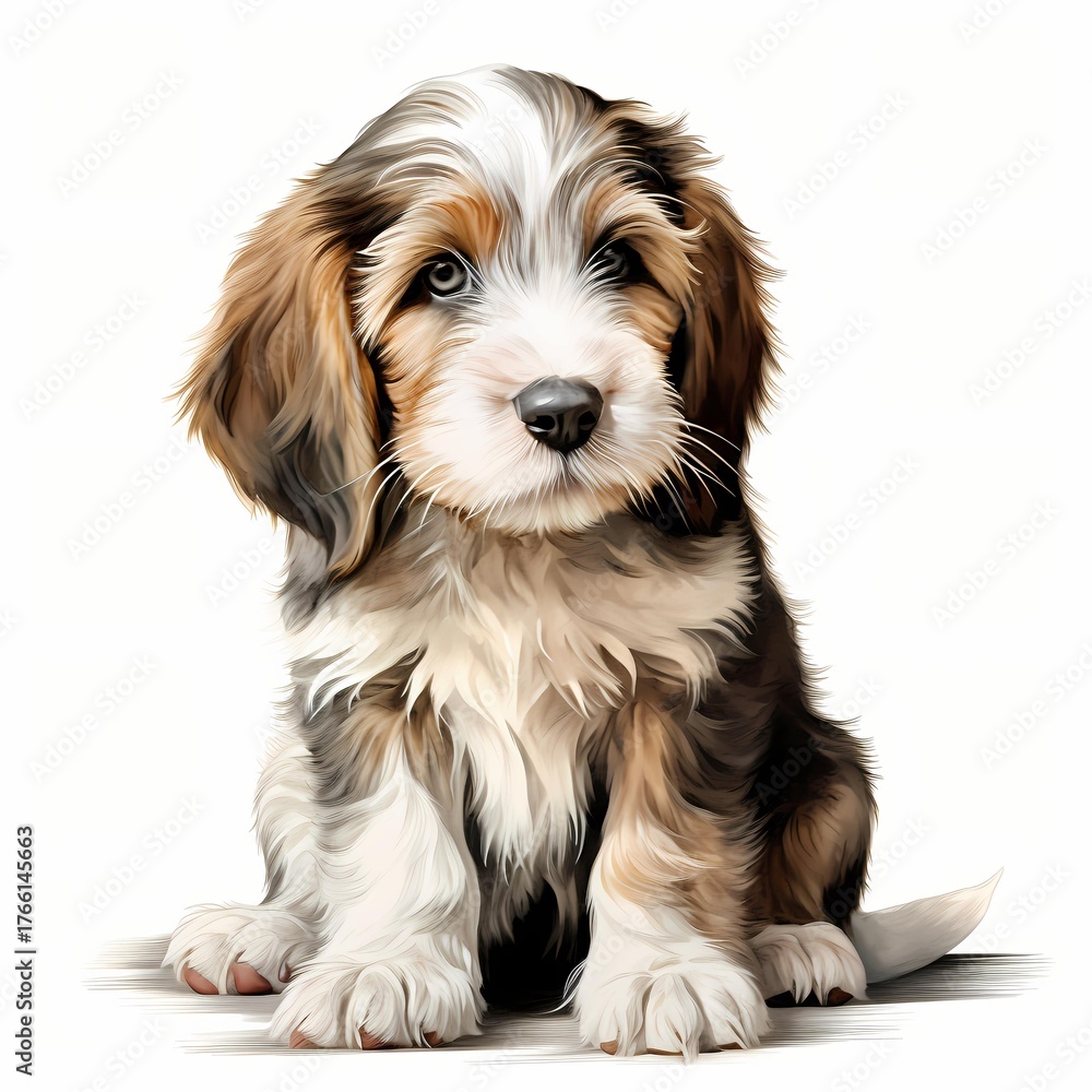 Fototapeta premium Adorable fluffy brown and white puppy sitting