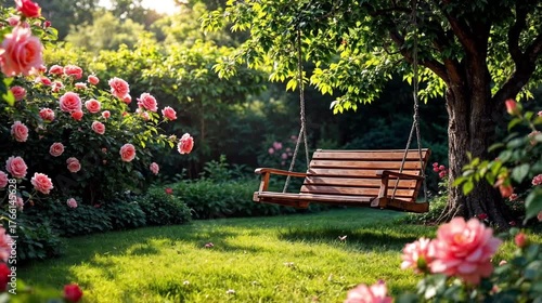 Swings Under Blossoming Rose Bushes in Spring Garden