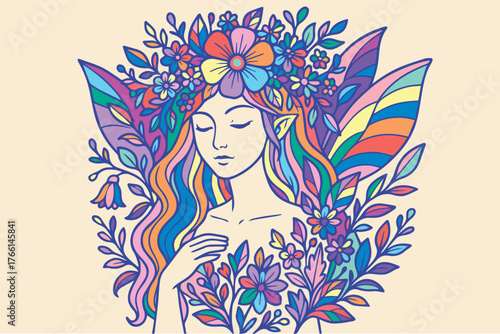 A colorful vector illustration of a woman surrounded by a floral frame, symbolizing growth, peace, and self-care in a serene mental health concept.
