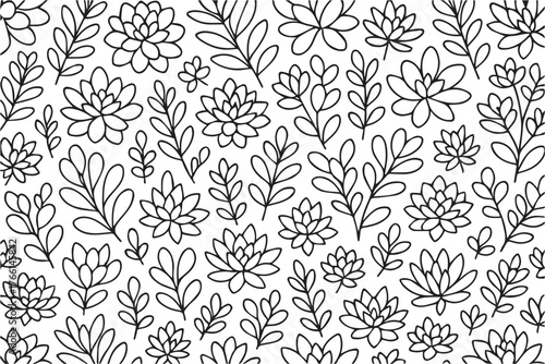 Black and white vector pattern composed of simple flowers and foliage, harmoniously arranged to create a peaceful and sophisticated natural background.
