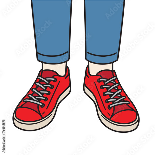 Vector artwork depicting human legs in motion with bold red sneakers, capturing a sporty and urban vibe through clean outlines and dynamic composition.