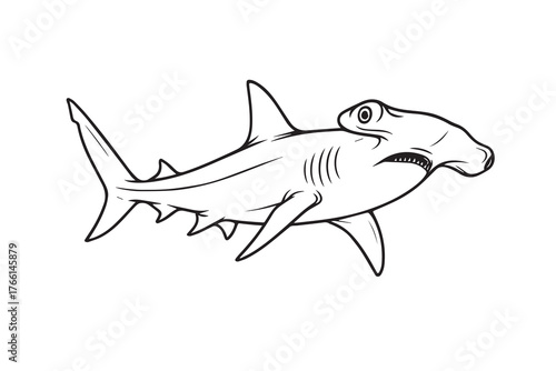 Black and white vector design featuring a hammerhead shark swimming gracefully, highlighting its iconic silhouette and distinctive hammer shaped head.