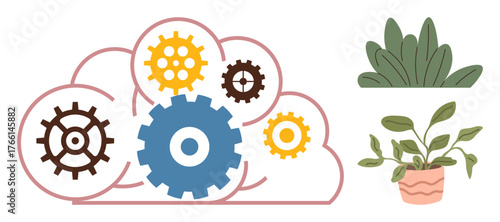 Colorful gears blend into a cloud with green plants nearby, symbolizing innovation, cloud computing, teamwork, and eco-friendliness. Ideal for growth, collaboration, tech, sustainability nature