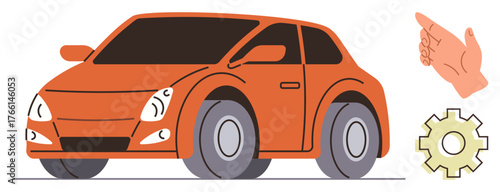 Orange car with sleek design, pointing hand gesture, and gear symbol representing automation, mechanics, innovation, technology, transportation, progress and efficiency. A simple flat metaphor