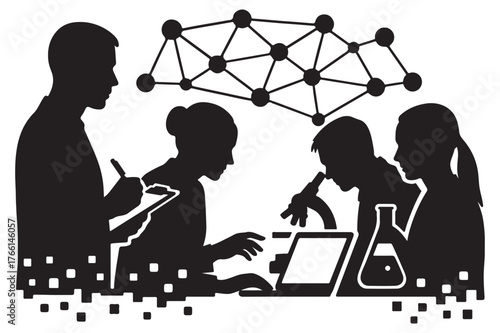 Black silhouette illustration of a couple and family sitting at a table in a restaurant and business people in an outline meeting