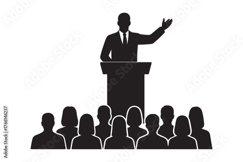 Silhouette of a speaker addressing an audience from a podium isolated on white background silhouette